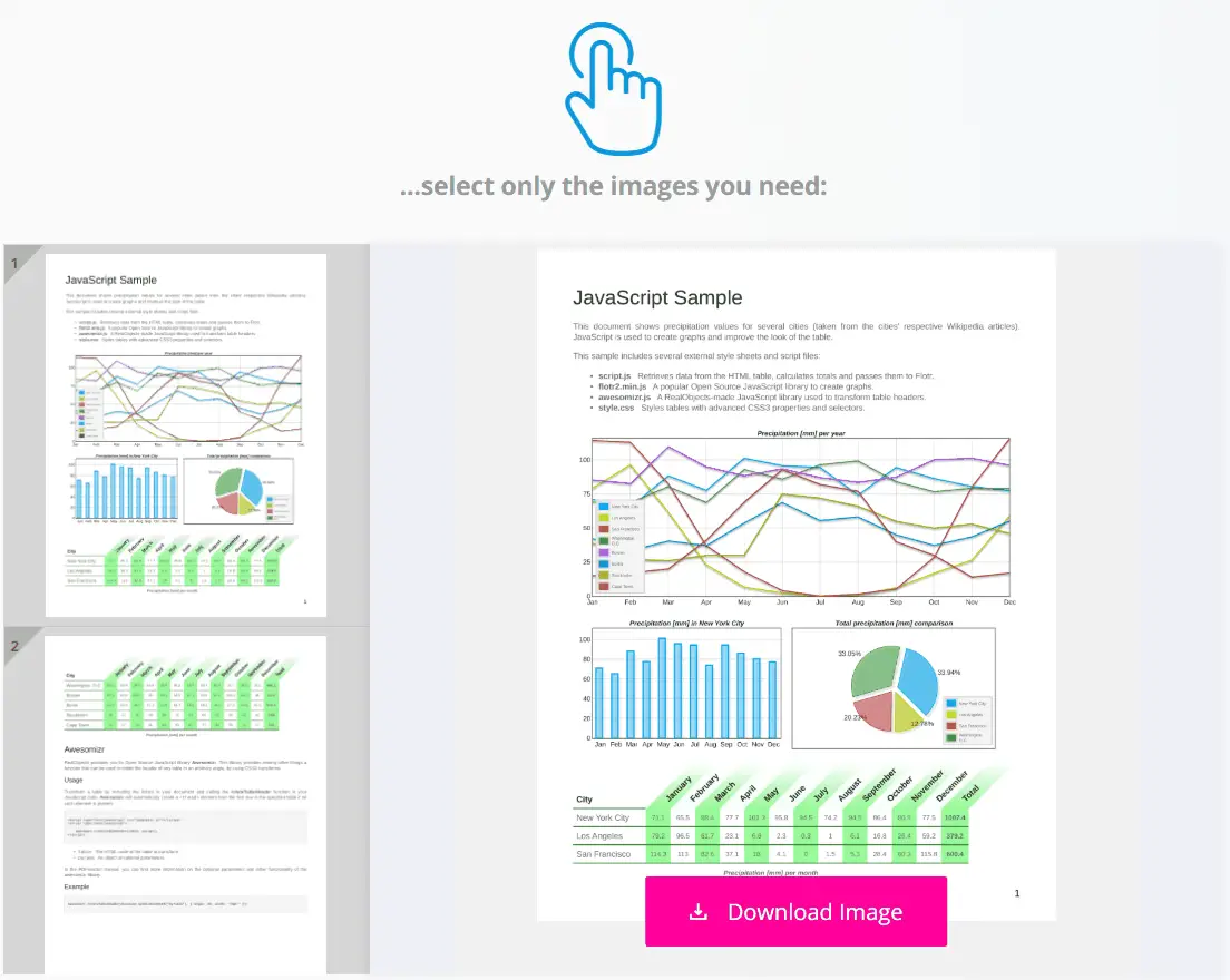 Convert all pages of a PDF into images of high-quality, and download them one-by-one or all at once.